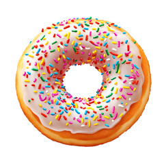 A bright rainbow-sprinkle donut with vanilla glaze and soft puffed structure, realistic food photo, isolated on transparent background, balanced lighting and focus on sprinkles? texture.