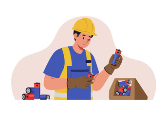 A construction worker inspects batteries with a focused expression. He?s wearing a yellow hard hat, safety vest, and gloves, surrounded by batteries in a box. Clean, modern illustration.