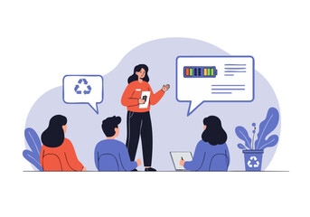 A female instructor teaches recycling education to students, showcasing a battery level indicator and recycling symbol. Modern illustration style, vibrant colors, and a clear composition.