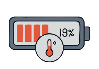 minimalist smartphone display shows a low battery icon with a thermometer The design is clean and modern utilizing a dark background and vibrant red accents