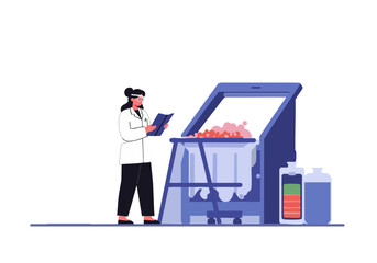 A female scientist observes a filtration process in a laboratory setting. She reviews data while examining a sample, conveying precision and scientific analysis. Modern, clean aesthetic.