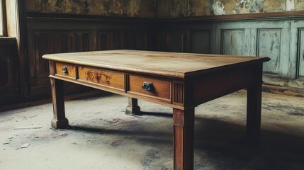 Antique wooden table in abandoned room