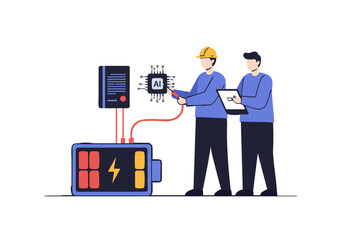 Two engineers troubleshoot an AI-powered battery system. A modern, clean illustration showcases technology and problem-solving. Bright, professional, and informative.