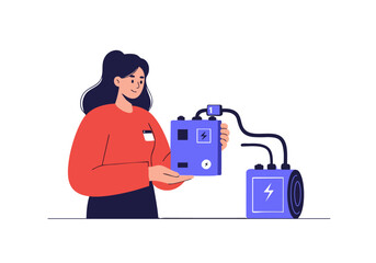 A young woman examines a battery showcase, demonstrating its features. Modern illustration style, bright colors, and a clean design. Suitable for tech, energy, and innovation themes.