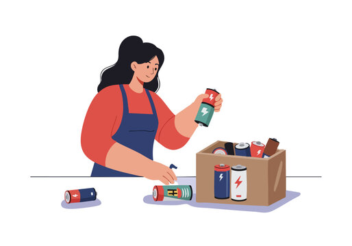 A woman sorts batteries in a cardboard box. A clean, modern illustration with a bright, pastel background. Focus on organization and sustainability.