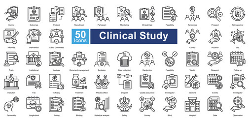 Clinical Study icon set in outline style, featuring 50 icons on clinical trials, research protocols, data analysis, and patient monitoring. Ideal for medical research, healthcare, and pharmaceuticals.