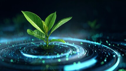 A young plant emerging from water with digital ripples
