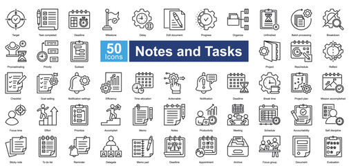 Notes and Tasks icon set in outline style, featuring 50 icons on task management, scheduling, productivity, and organization. Perfect for planners, workflow management, and reminders.