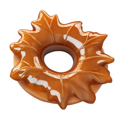 A maple-glazed donut in the shape of a leaf, warm brown tones and glossy surface, realistic lighting, PNG with transparent background.
