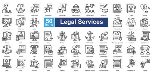 Legal Services icon set featuring legal advice, consultation, agreements, court proceedings, and professional support in modern legal practice.