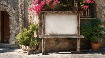 Rustic outdoor bulletin board in a charming village setting