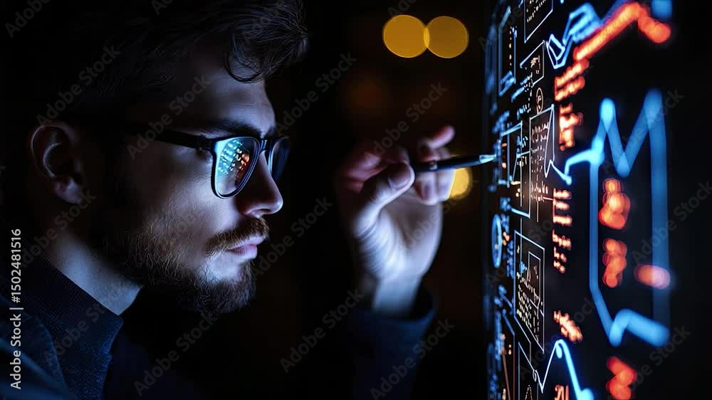 Poster Man analyzing data on a large screen