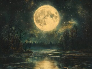 Moonlit River Painting in Vintage Style