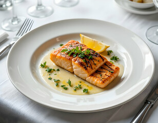 Grilled Salmon Fillet with Lemon on Plate