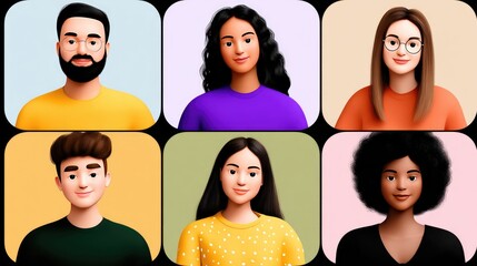 Diverse Cartoon Avatars: A Group of Six Cartoon-Style Heads with Different Hairstyles and Expressions