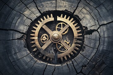 Obraz premium Clockwork Precision Interlocked Wooden Gears Symbolizing Intricate Mechanics and Timeless Craftsmanship