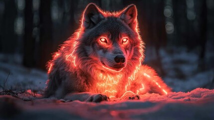 Fiery wolf glowing in dark forest.