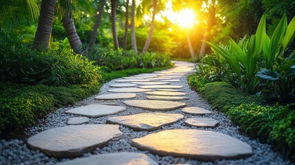 Sun-drenched stone path through lush tropical garden