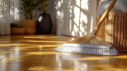 Broom resting on sunlit hardwood floor near wicker basket.
