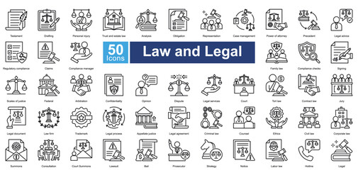 Law and Legal icon set in outline style, featuring 50 icons on legal services, court processes, and compliance. Ideal for law firms, legal apps, and justice-related content.
