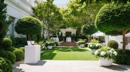 Elegant outdoor courtyard with manicured landscaping, featuring a pathway, tables, and decorative plants