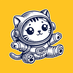 Cute kitten in a space suit floats joyfully, ready for a cosmic adventure among the stars.