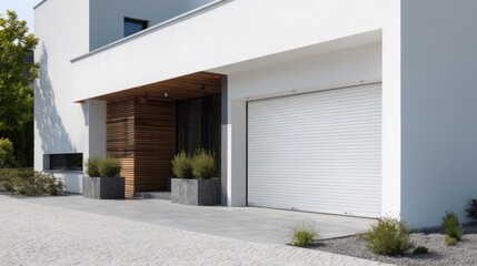 Modern home exterior with white garage door