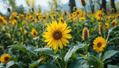 Fototapeta premium Vibrant Yellow Sunflowers in Summer Field Landscape