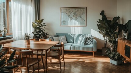 Sunlit living room with mid-century modern furniture, large plants, and world map
