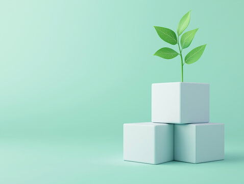 Young Green Plant Sprouting from White Cubes on a Minimalist Mint Background.