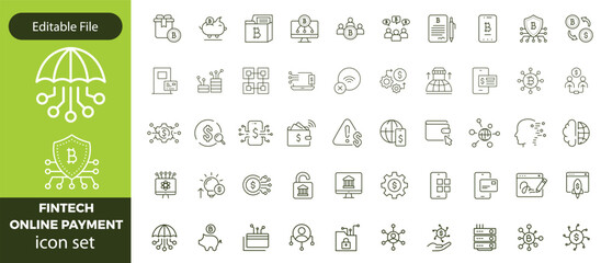 Financial Technology icon set with crypto vault, payment shield, data insights, digital coins, mobile payments, online banking, fintech revolution icon. Simple retro vector