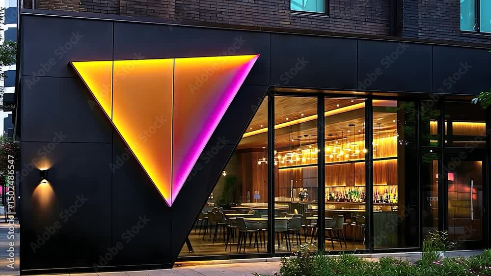 Poster Modern building facade with illuminated triangular sign.