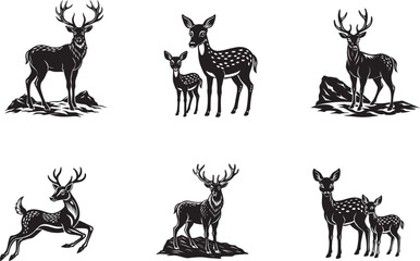 A diverse vector set of deer and reindeer animal silhouettes, ideal for wild nature and Christmas designs, featuring stags with prominent antlers and cute fawn illustrations