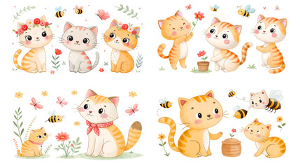 Fototapeta premium Adorable Watercolor Kittens with Flowers Bees and Butterflies Illustration