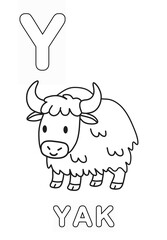 Alphabet Coloring Page for Kids. Children's Coloring Activity sheet. Cute Yak Illustration to Color.	