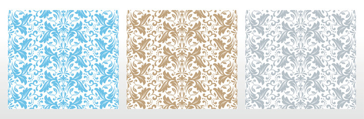 Wallpapers in the style of Baroque.. Set of colored floral ornaments. Seamless vector backgrounds Graphic patterns for fabric, wallpaper, packaging. Ornate Damask flower illustration
