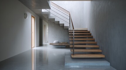 Modern concrete hallway with wooden staircase