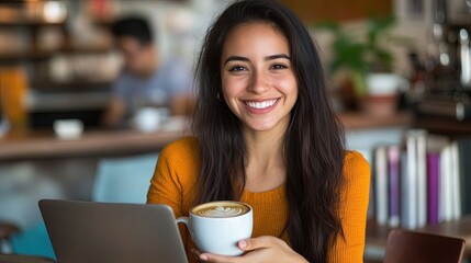 Beautiful young Latin woman in casual attire, smiling while holding a cup of coffee in a cozy cafe, surrounded by books and a laptop. 