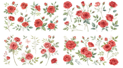 Watercolor Red Roses Collection Botanical Illustrations Floral Elements