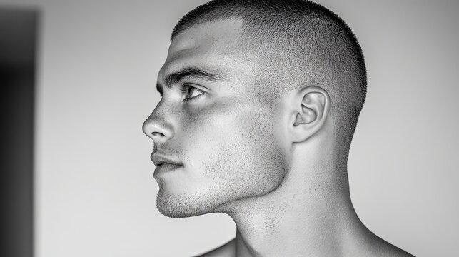 Black and white portrait of a man with a buzz cut and sharp fade, highlighting the contrast and clean details. 