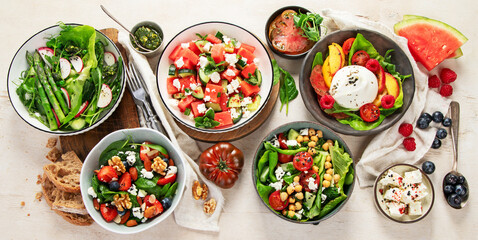Different kinds of summer salads. Healthy lifestyle.