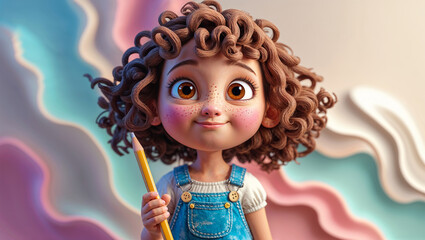 Cute 3D Cartoon Girl with Pencil Adorable Character for Education Blogs and Kids Content, 3D cartoon, girl, pencil, cute, education blogs, kids content