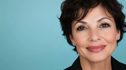 Close-up studio portrait of a confident middle-aged woman with short dark hair, wearing a black blazer, smiling slightly against a light blue background. 