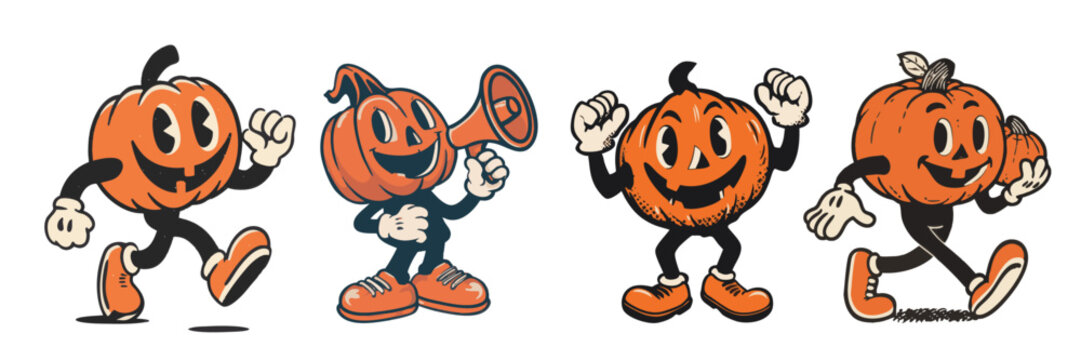 vintage retro style halloween pumpkin cartoon mascot character with expressive faces and gestures