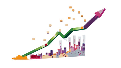 An optimistic economic forecast shows growth rising over colorful cityscape with black background