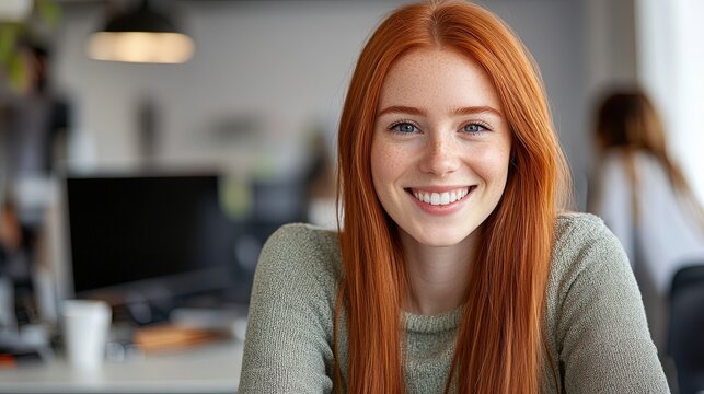 Confident woman with straight red hair, sparkling eyes, and a perfect smile, sitting at a desk in an office environment. 