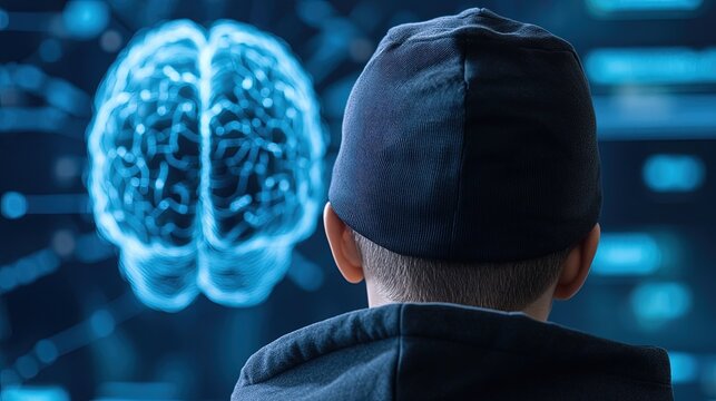 Cybersecurity expert wearing a hoodie, watching a digital brain with firewalls and security codes around it. 