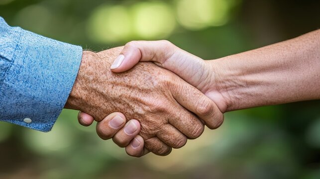 Elderly and young people from different races shaking hands, bridging the generational and cultural gap.