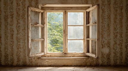 Aged window overlooking a lush green landscape in a dilapidated room