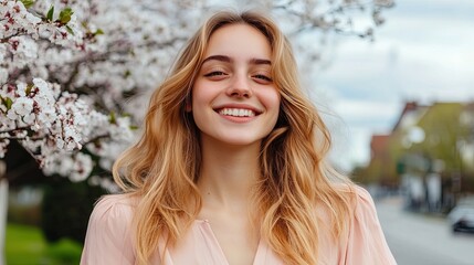 Obraz premium Natural woman with honey-blonde hair and a carefree smile, wearing a light pink blouse, standing near a street with blooming trees in spring. 